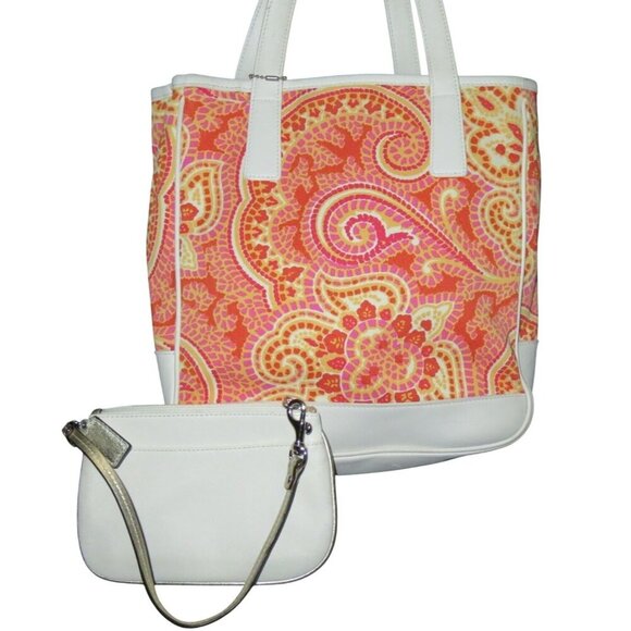 COACH Vintage Red & White Paisley Print Canvas & Leather Tote & white wristlet - Picture 1 of 16